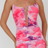 Gypsy Garden Laced Bodice Ruched Midi Dress Pink