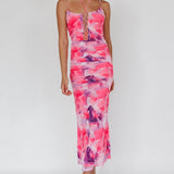 Gypsy Garden Laced Bodice Ruched Midi Dress Pink