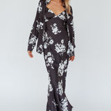 Dillon Long Sleeve Satin Shirt Floral Black