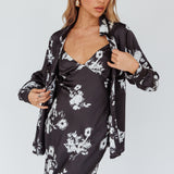 Dillon Long Sleeve Satin Shirt Floral Black