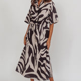 Tiki Boxy Sleeve Print A-line Midi Dress Beige