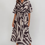 Tiki Boxy Sleeve Print A-line Midi Dress Beige
