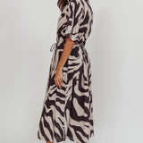 Tiki Boxy Sleeve Print A-line Midi Dress Beige