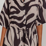 Tiki Boxy Sleeve Print A-line Midi Dress Beige
