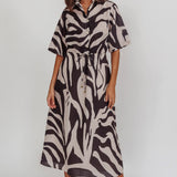 Tiki Boxy Sleeve Print A-line Midi Dress Beige