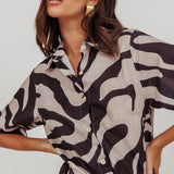 Tiki Boxy Sleeve Print A-line Midi Dress Beige