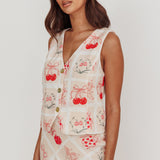Flowering Romantic Print Sleeveless Vest Beige