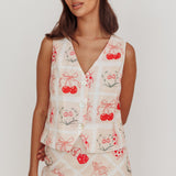 Flowering Romantic Print Sleeveless Vest Beige