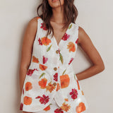 Philomena Button Front Pocket Vest Top Floral Orange Multi