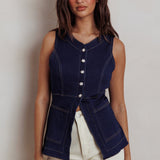 Philomena Button Front Pocket Vest Top Denim