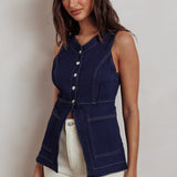 Philomena Button Front Pocket Vest Top Denim