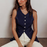 Philomena Button Front Pocket Vest Top Denim