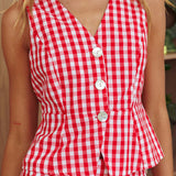 Philomena Button Front Vest Top Gingham Red