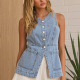 Philomena Button Front Vest Top Light Denim