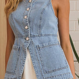 Philomena Button Front Vest Top Light Denim