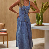 Pansy Scoop Neck Flounce Hem Maxi Dress Denim