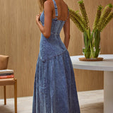 Pansy Scoop Neck Flounce Hem Maxi Dress Denim