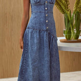 Pansy Scoop Neck Flounce Hem Maxi Dress Denim