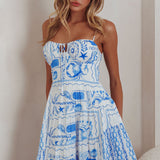 Doe Tied Bust Mini Dress Print Blue