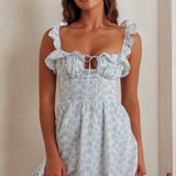 Doe Tied Bust Frill Mini Dress Floral Blue