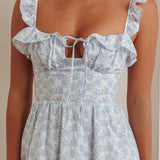 Doe Tied Bust Frill Mini Dress Floral Blue