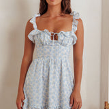 Doe Tied Bust Frill Mini Dress Floral Blue