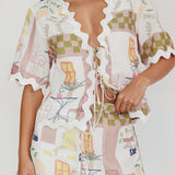 Breakaway Graphic Print Tied Short Sleeve Shirt Olive