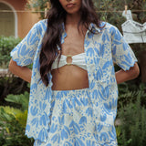 Swing Of Things Scalloped Elastic Waist Shorts Print Blue