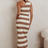 Gracey Striped One Shoulder Maxi Dress Beige/White