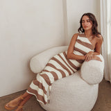 Gracey Striped One Shoulder Maxi Dress Beige/White