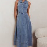Entertain Me Sleeveless A-Line Maxi Dress Denim Blue