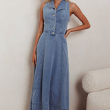 Entertain Me Sleeveless A-Line Maxi Dress Denim Blue