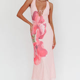 Cinders Tied Plunging Neckline Maxi Dress Flower Pink