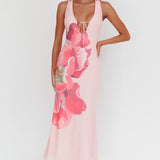 Cinders Tied Plunging Neckline Maxi Dress Flower Pink