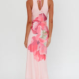 Cinders Tied Plunging Neckline Maxi Dress Flower Pink