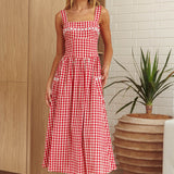 Elderflower Front Pocket Maxi Dress Gingham Red