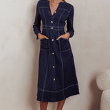 Aspen Love Front Pocket Long Sleeve Midi Dress Indigo