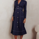 Aspen Love Front Pocket Long Sleeve Midi Dress Indigo