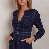 Aspen Love Front Pocket Long Sleeve Midi Dress Indigo