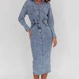 Light Inside Long Sleeve Midi Dress Denim Blue