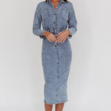 Light Inside Long Sleeve Midi Dress Denim Blue