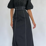 Sibille Puff Sleeve Contrast Stitch Dress Black
