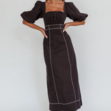 Sibille Puff Sleeve Contrast Stitch Dress Black