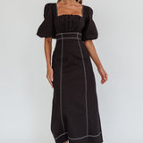 Sibille Puff Sleeve Contrast Stitch Dress Black