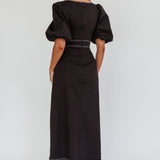 Sibille Puff Sleeve Contrast Stitch Dress Black