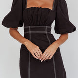 Sibille Puff Sleeve Contrast Stitch Dress Black