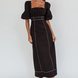 Sibille Puff Sleeve Contrast Stitch Dress Black