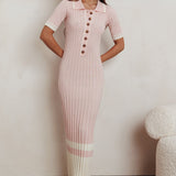 Cayla Button-Up Ribbed Knit Dress Pink