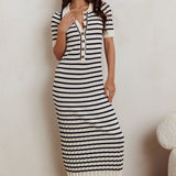 Cayla Button-Up Ribbed Knit Dress Cream Navy
