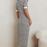Cayla Button-Up Ribbed Knit Dress Cream Navy